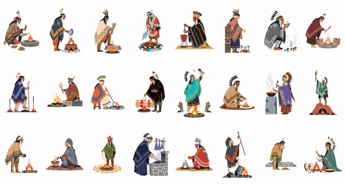 Collection of diverse indigenous characters in traditional clothing performing spiritual rituals, campfire ceremonies, and ancient tasks depicted in a clean flat vector illustration style.