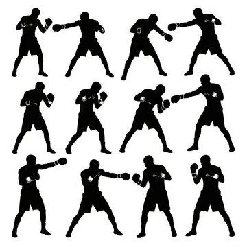 Collection of boxing athlete silhouettes featuring combat stances, punches, and training poses in full black vector style. Suitable for sports branding, gym graphics, fitness campaigns, martial arts d