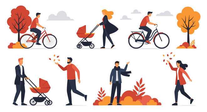 Autumn park scene features people enjoying outdoor activities like cycling and walking with strollers amidst falling orange and red leaves.