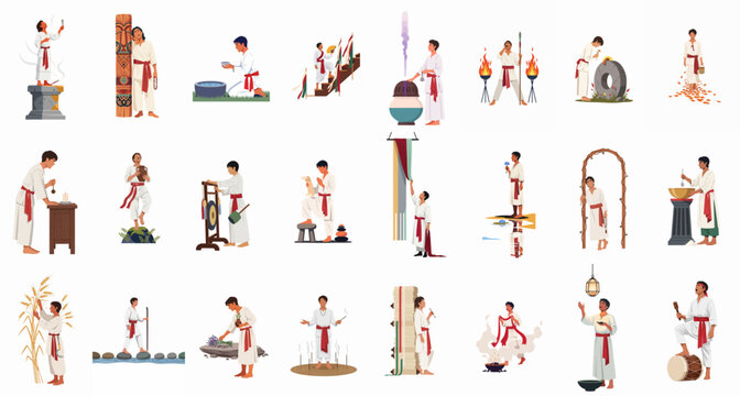 Collection of diverse ritualistic and traditional scenes featuring men in white robes and red sashes performing various spiritual and cultural acts.