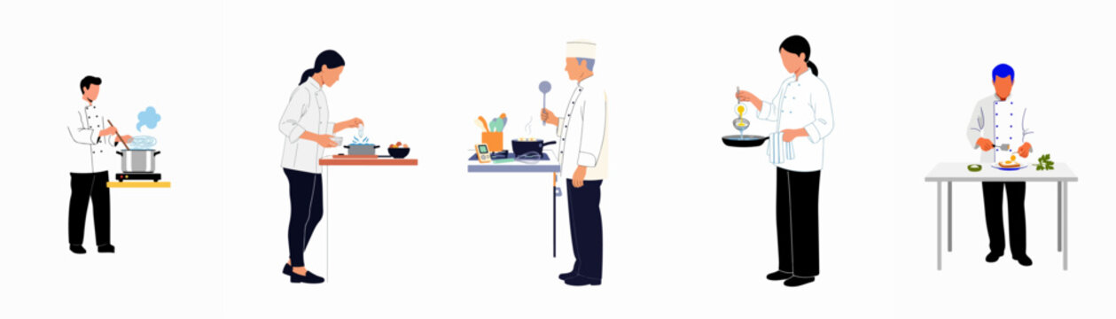 Set of professional chefs in white uniforms performing various culinary tasks like boiling, stirring, straining and plating food in a kitchen.