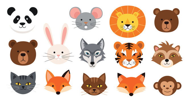 Grid of fifteen illustrated animal faces features a variety of species like a raccoon, bear, and fox in a cute and consistent style.