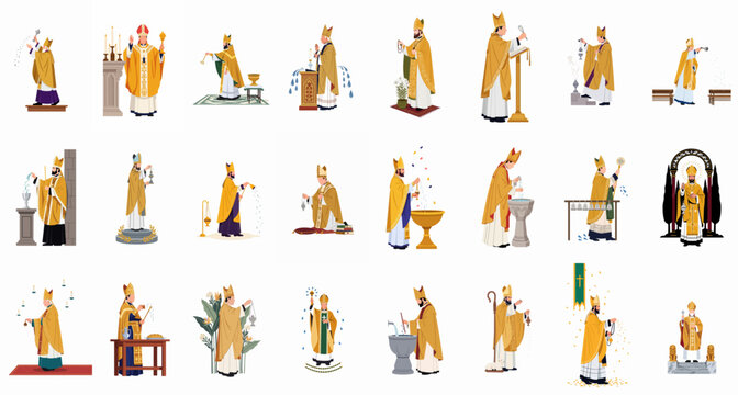 Set of flat illustrations depicting a Catholic bishop in traditional golden vestments performing various religious rituals and liturgical ceremonies including blessing, baptizing, and praying.