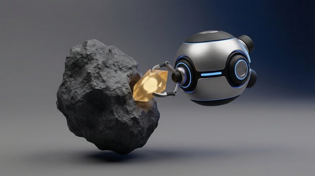 Futuristic space mining drone extracting a crystal from an asteroid.