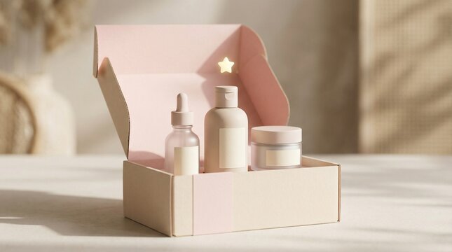 3D minimalist skincare subscription box with glowing star icon.