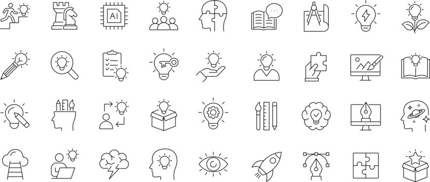Creativity icon set. Editable line icons. Containing idea, innovation, inventive, brainstorming, inspiration, originality, imagination, improvisation, creative, design and more.