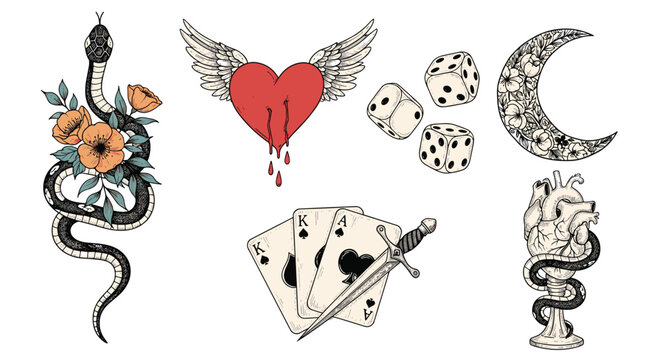 Vintage tattoo style illustrations featuring a snake with flowers heart with wings dice moon and dagger with cards.