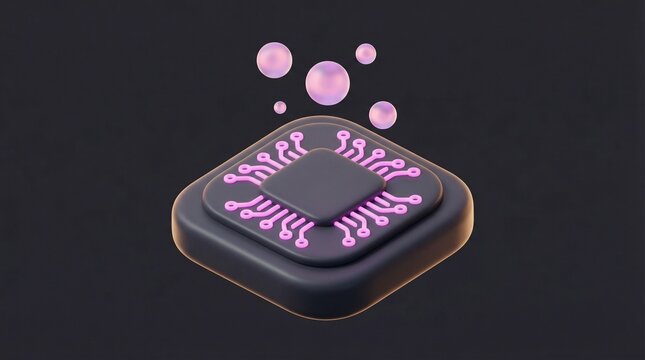 3D minimalist isometric CPU chip with glowing pink circuit lines.