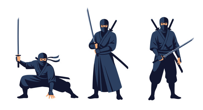 Set of three blue ninja characters in dynamic fighting poses wielding swords for game assets or poster designs.