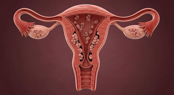 Uterus cross section with uterine fibroids and polyps medical anatomy