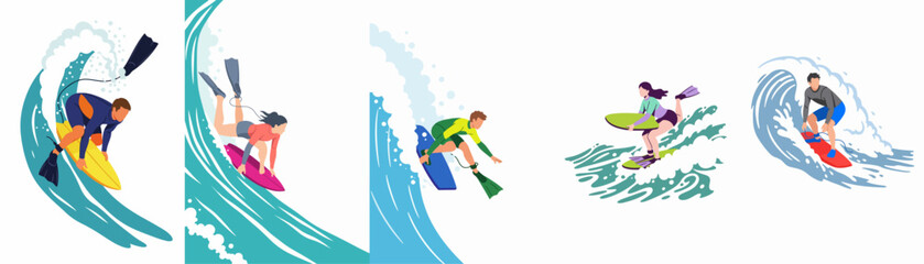 Fototapeta premium Set of vector illustrations showing male and female surfers and bodyboarders riding ocean waves, representing diverse water sports and summer activities.