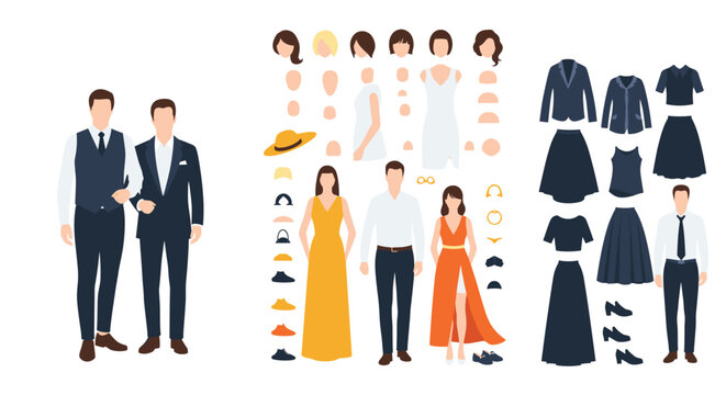 Character creator kit with various clothing options hairstyles and accessories for male and female figures.