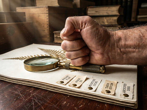 A close-up shot of an antique herbarium with a magnifying glass and a closed fist resting on a pressed fern, emphasizing the archiving of botanical specimens