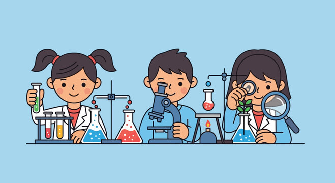 Children in lab coats conducting science experiments with microscopes and test tubes