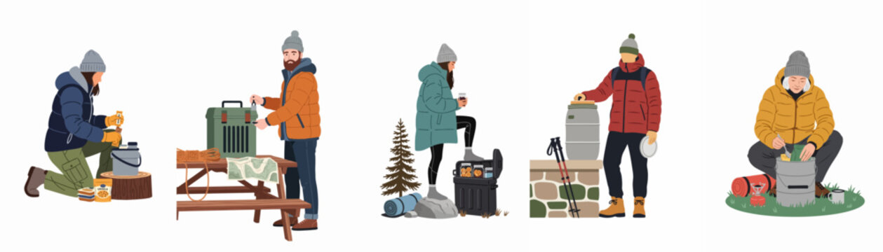 Flat illustration set featuring diverse campers and hikers preparing, storing, and eating food during outdoor winter adventures in the wilderness.