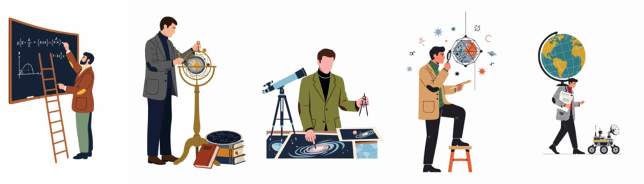Set of male scientists and professors engaged in astronomical, mathematical, and geographical research, including telescopes, globes, and space exploration illustrations.