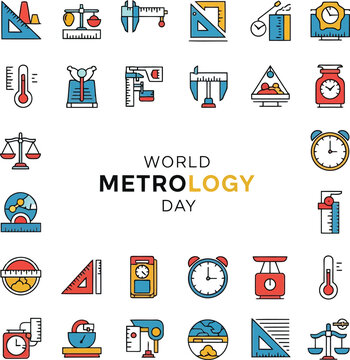 Set of colorful metrology day icons featuring various measurement tools like scales thermometers clocks and rulers