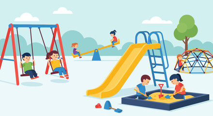 Children Playing on Playground Equipment - Swings, Slide, Sandbox, Seesaw © Margo