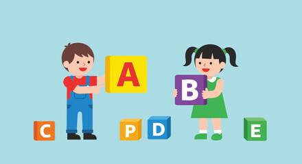 Obraz premium Children Playing with Alphabet Blocks, Learning ABCs, Education Concept