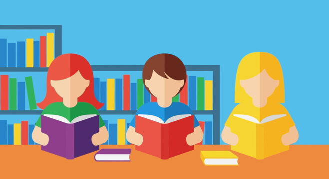 Children Reading Books in Library, Flat Design