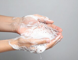 Fototapeta premium Detailed view of sudsy hands being washed with water, promoting the importance of germ removal and daily hygiene practices for cleanliness and health