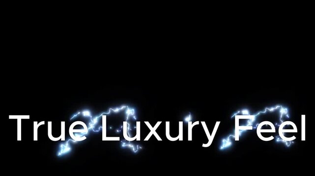 Luxury typography animation featuring glowing white text &ldquo;True Luxury Feel&rdquo; with electric blue light effects on dark black background, cinematic premium motion graphics, stylish elegant atmosphere, sm