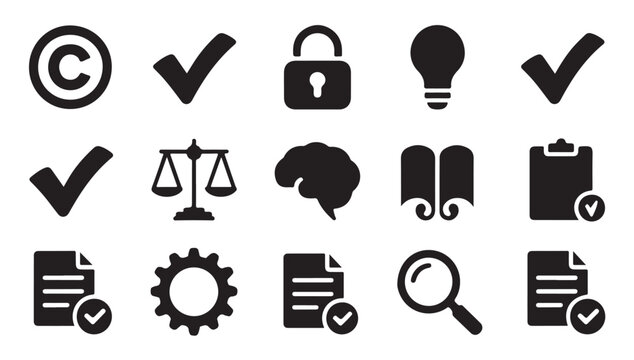 Set of intellectual property and business concept icons including copyright security ideas and success.