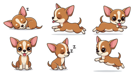 Fototapeta premium Cute Chihuahua Dog Poses: Sleeping, Running, Sitting, Playful Cartoon Illustrations