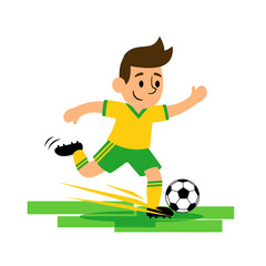 Obraz premium Cartoon Boy Playing Soccer, Kicking Ball on Green Field, Action Shot
