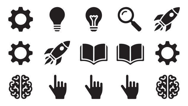 Set of education and innovation icons isolated on white background, black vector symbols.