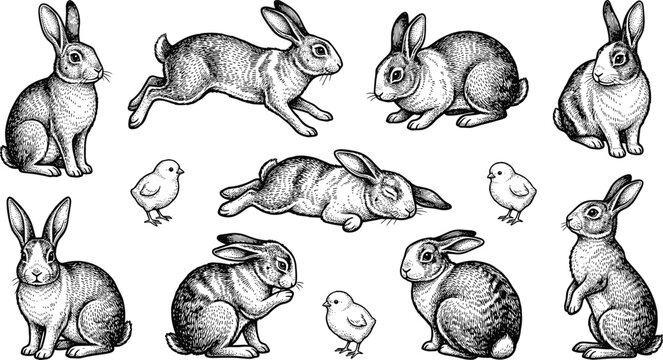 Vintage hand drawn rabbit and chick vector set featuring detailed ink sketch illustrations for easter and farm design,