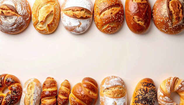 Assorted bread and pastries arranged neatly, wide top view composition, empty copy space, bright neutral background