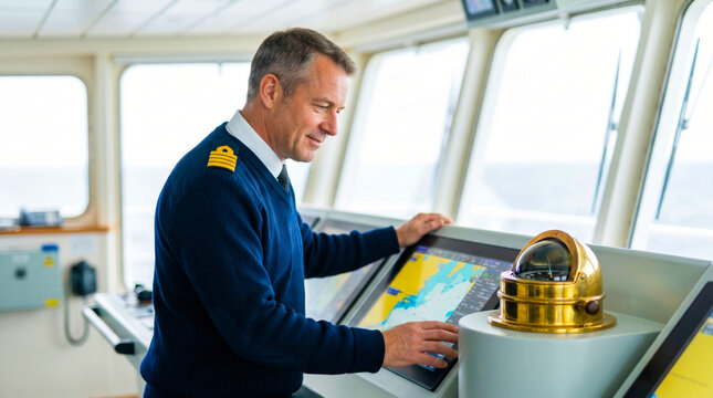 Ship captain operating digital navigation system on vessel bridge