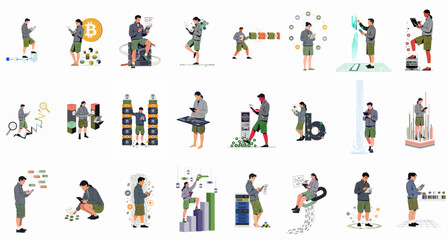 Comprehensive collection of illustrations depicting people in outdoor attire engaged with advanced technology, cryptocurrency, blockchain systems, and data analytics concepts. © Sabiqul