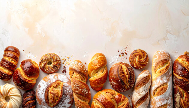Assorted bread and pastries arranged neatly, wide top view composition, empty copy space, bright neutral background