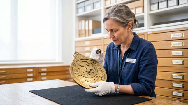 Museum curator examining antique brass astrolabe with magnifying glass