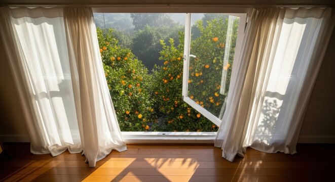 Open Clerestory Window Framing a Lush Orange Grove Bathed in Sunlight, Inviting the Outdoors Inside