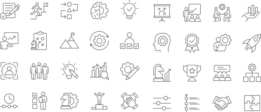 Action plan icon set. Editable line icons. Containing business, goal, team, timeline, schedule, strategy, analysis, tasks, planning, collaboration, setting, workflow and more.