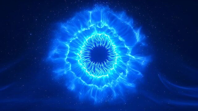 Glowing blue energy sphere, abstract electric circle and light vortex in dark space background with bright radial plasma texture