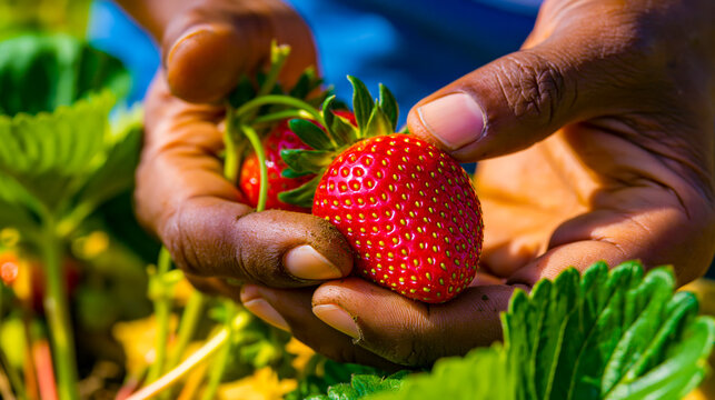 African American farmer hands holding fresh strawberry on urban farm