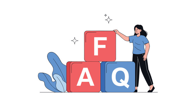 Woman building a frequently asked questions FAQ text with large letter blocks for customer support and help.