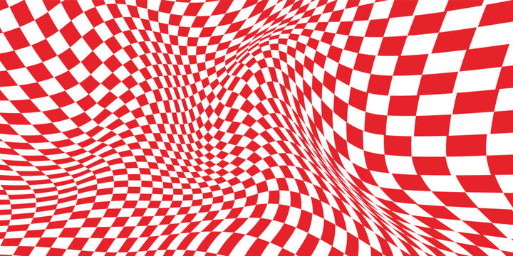 Trippy checkerboard background. Retro psychedelic checkered wallpaper. Wavy groovy chessboard surface. Distorted geometric grid chess pattern. Abstract red and white race flag backdrop. Eps10