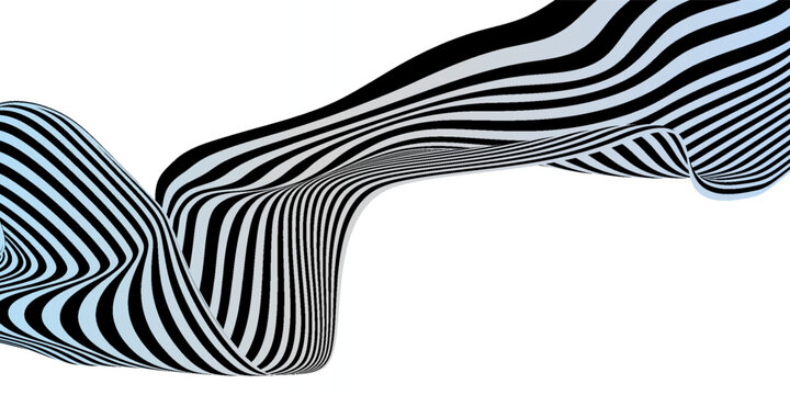 Abstract 3D flowing ribbon wave made of alternating parallel curved lines, thick black and soft light blue stripes. Vol 2