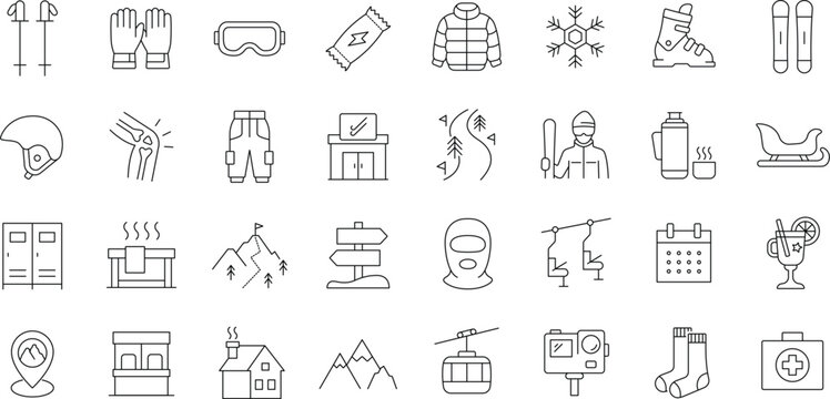 Ski Resort icon set. Editable line icons. Containing skiing, slope, snowboard, mountain, lift, cabin, fireplace, winter, helmet, goggles, ski gear and more.