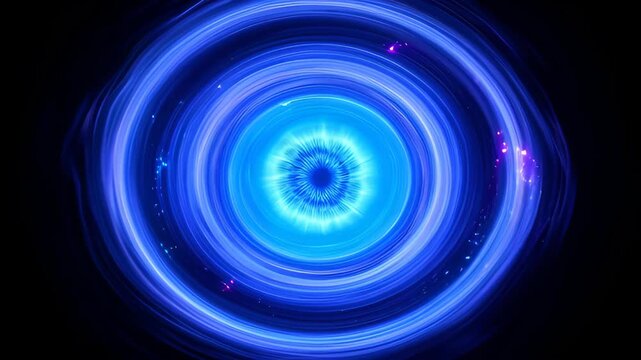 Abstract blue eye glowing ring light swirl spiral pattern digital art futuristic luminous circle energy vortex black background cyan radial halo cosmic motion blur centered abstract design