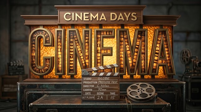 Cinema Days Vintage: A vintage sign with glowing lights announces Cinema Days, complemented by a film clapper and reel, evoking the golden age of cinema and the magic of storytelling.