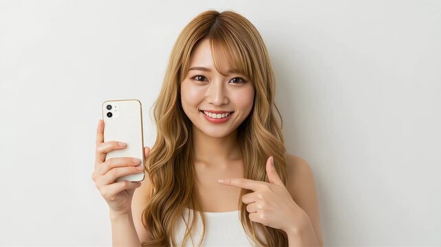 スマートフォンを手に持ち、画面を指差してカメラに笑顔を見せる女性