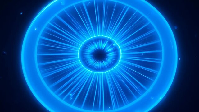 Blue circle abstract glowing ring neon light radial line futuristic energy halo with circular abstract light pattern, electric blue ring, radiant lines, dark background and dark blue backdrop for SEO