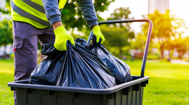Professional sanitation worker lifting black garbage bags in public park