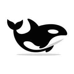 Naklejka premium A sleek, stylized black and white graphic illustration of a killer whale or orca swimming, featuring a modern, clean design.